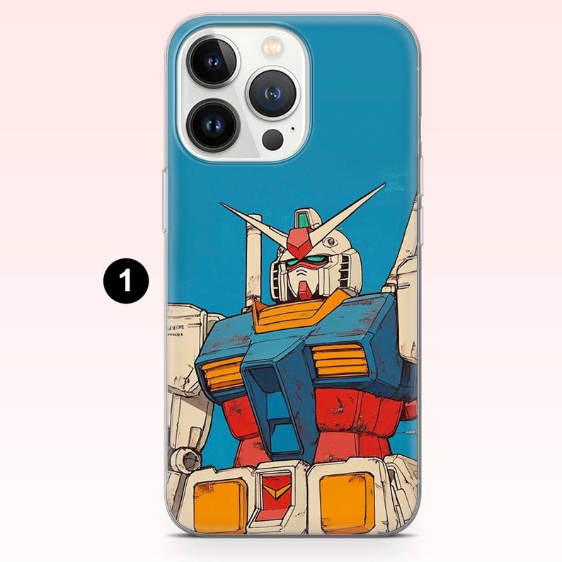 May include: A smartphone case featuring a graphic illustration of a white, blue, red, and yellow robot character against a solid blue background. The robot has a V-shaped crest on its head, rectangular chest vents, and weathered detailing.