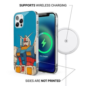 May include: A clear smartphone case featuring a graphic of a red, blue, and yellow robot on the back. The phone screen displays a green charging icon and the text 75% Charged. Text on the image reads SUPPORTS WIRELESS CHARGING and SIDES ARE NOT PRINTED.