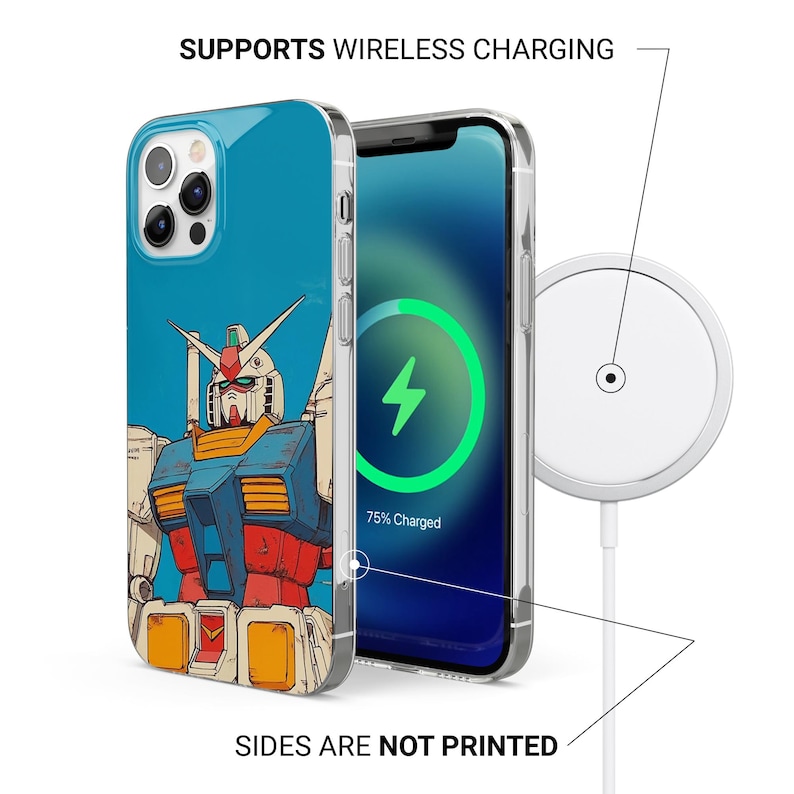 May include: A clear smartphone case featuring a graphic of a red, blue, and yellow robot on the back. The phone screen displays a green charging icon and the text 75% Charged. Text on the image reads SUPPORTS WIRELESS CHARGING and SIDES ARE NOT PRINTED.