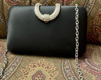 Elegant Black Party Clutch Bag / LaRegale Clutch with Crystal Clasp