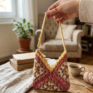 May include: A small, handmade crochet handbag featuring a granny square pattern in shades of dusty pink, beige, and yellow. The bag has a V-shaped top opening, a yellow crocheted strap, and a decorative yellow scalloped edge along the top rim.