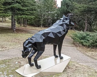 Geometric Standing Wolf Metal Art, Modern Black Steel Sculpture, Outdoor Garden Decor
