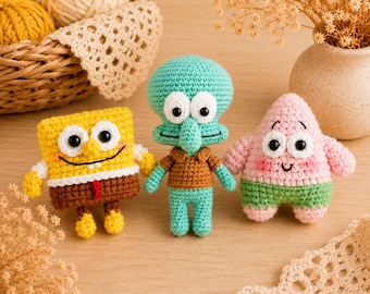 Crochet SpongeBob Patrick Squidward Keychain, Handmade Cartoon Plush Charm, Amigurumi Bag Charm, Car Hanging Ornament, Cute Gift for Friends