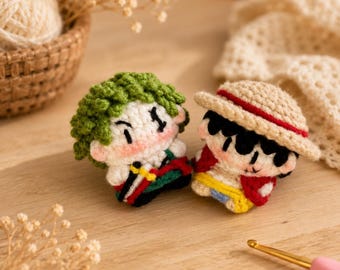 Muñeco de ganchillo de One Piece, peluche pirata de anime amigurumi hecho a mano, mini muñeco del personaje Sombrero de Paja, regalo para fans del manga, lindo ganchillo