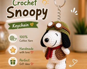 Llavero de Snoopy de ganchillo, colgante para bolso de aviador de Snoopy hecho a mano, llavero de cachorro adorable, adorno para colgar en el espejo retrovisor del coche, regalo para los amantes de Snoopy.