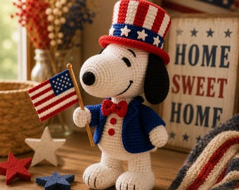 Llavero de Snoopy de ganchillo patriótico, dije para mochila con la bandera de EE. UU., muñeco de perro amigurumi hecho a mano, regalo del 4 de julio, adorno para espejo retrovisor del coche
