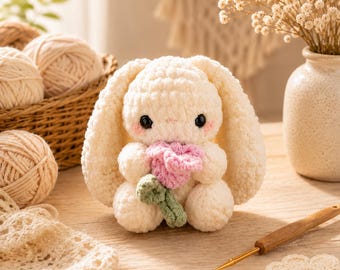 Llavero de conejito de ganchillo, adorno de conejito hecho a mano para bolso, amigurumi de conejo adorable, adorno de conejito para coche, regalo de conejito de flores de ganchillo, adorno para mochila