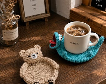 Juego de posavasos de animales de ganchillo, posavasos hechos a mano, posavasos amigurumi, decoración de escritorio kawaii, regalo para amantes del café.