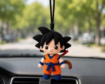 Handmade Crochet Goku Plush | Anime Car Mirror Charm | Cute Dragon Ball Keychain | Kawaii Amigurumi Gift for Anime Fans
