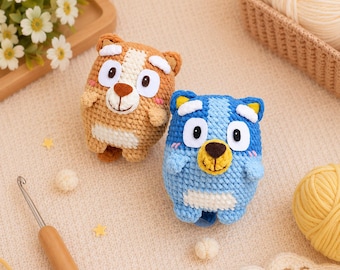Colgante para coche de ganchillo inspirado en Bluey & Bingo, adorno amigurumi hecho a mano, bonito colgante para el espejo retrovisor, regalo de colgante para bolso de ganchillo