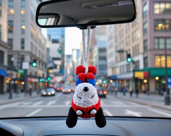 Llavero de ganchillo de Snoopy y Spiderman para coche, peluche de perro superhéroe hecho a mano, colgante para espejo retrovisor, llavero de ganchillo, regalo para los amantes de Snoopy.