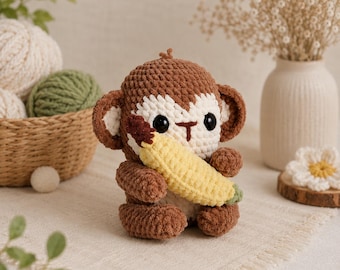 Peluche de mono de ganchillo hecho a mano, lindo mono plátano amigurumi, animal de peluche kawaii, muñeco de ganchillo suave, regalo hecho a mano para niños