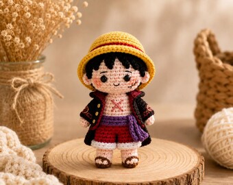 Colección de llaveros de ganchillo de Luffy, muñeco amigurumi de anime hecho a mano, colgante para bolso de pirata con sombrero de paja, bonito colgante para espejo retrovisor del coche.