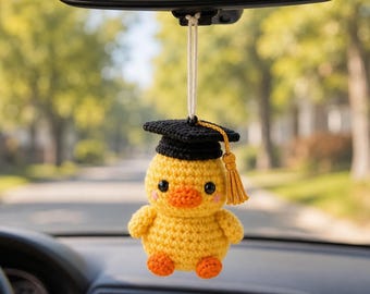 Crochet Graduation Duck Car Hanging, Handmade Duck Rearview Mirror Charm, Cute Amigurumi Graduation Gift, Duck Car Decor, Bag Charm