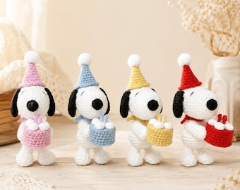 Peluche de Snoopy de ganchillo para cumpleaños, regalo de cumpleaños de Snoopy hecho a mano, peluche de perro de ganchillo, amigurumi de cumpleaños, lindo juguete de peluche de Snoopy, regalo de celebración