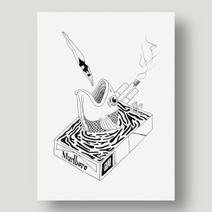 Könnte beinhalten: Schwarz-Weiß-Illustration mit einem Fisch mit offenem Maul, einem Taucher und Zigaretten. Der Fisch befindet sich auf einer Marlboro-Zigarettenschachtel. Der Taucher springt in das Maul des Fisches. Zigarettenrauch steigt auf.