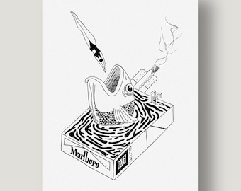 Marlboro Fish | Ilustración surrealista dibujada a mano con rotulador de punta fina | Arte de pared en blanco y negro | Papel grueso ecológico para dibujo artístico tamaño A5