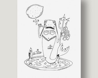 Pizza Frogmaid | Stampa di illustrazione surreale disegnata a mano con penna fineliner | Arte da parete in bianco e nero | Disegno artistico formato A5 su carta spessa ecologica