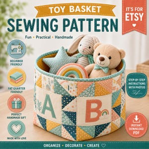 Puede incluir: Una cesta de tela redonda para juguetes con un diseño de patchwork de triángulos en tonos azul, amarillo y melocotón. El frente muestra las letras grandes A y B. Dentro hay un oso de peluche, un conejo a rayas, una estrella y un arcoíris.