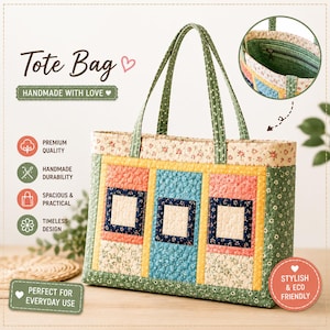 Può includere: Una borsa tote trapuntata con un design patchwork a motivi floreali nei toni del verde, giallo, blu e corallo. La borsa presenta due manici verdi a pois e una fodera interna verde con una tasca con cerniera, come mostrato nell'inserto circolare.