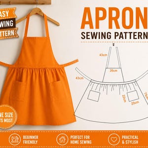 May include: Orange apron with two front pockets, hanging on a wooden hanger. The image includes a diagram with measurements in centimeters and text that reads "APRON SEWING PATTERN". The apron is labeled "ONE SIZE FITS MOST".