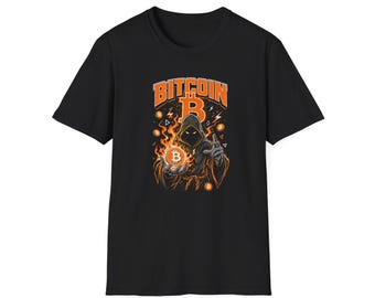 Bitcoin Hooded Skeleton Graphic T-Shirt | Crypto Flame Logo