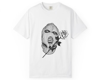 Balaclava Face with Rose T-shirt | Ski Mask Skull Line Art