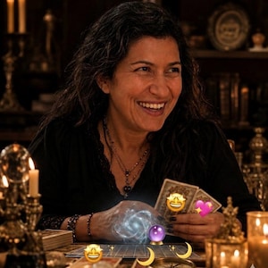 May include: A woman smiles while holding tarot cards. A glowing orb and a purple crystal ball are on a table with candles and other mystical items. The woman wears a black top and necklaces.