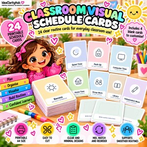 Classroom Visual Schedule Cards Printable | 24 Daily Routine Cards + 4 Blank Cards | Preschool & Autism Visual Timetable PDF