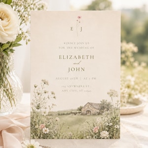 May include: A wedding invitation with a watercolor illustration of a barn in a field of wildflowers. The invitation text reads "Kindly join us for the wedding of Elizabeth and John" with the date and time. The invitation is on a cream-colored background.