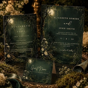 May include: Elegant wedding invitation suite featuring a dark green forest design with a full moon and white flowers. The invitation includes the names Elizabeth and John, along with event details. A guest name card is also included.