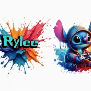 May include: A digital illustration featuring the name "Rylee" in turquoise letters with a black outline, set against a colourful paint splash. To the right, a blue cartoon character in a hoodie holds a game controller.