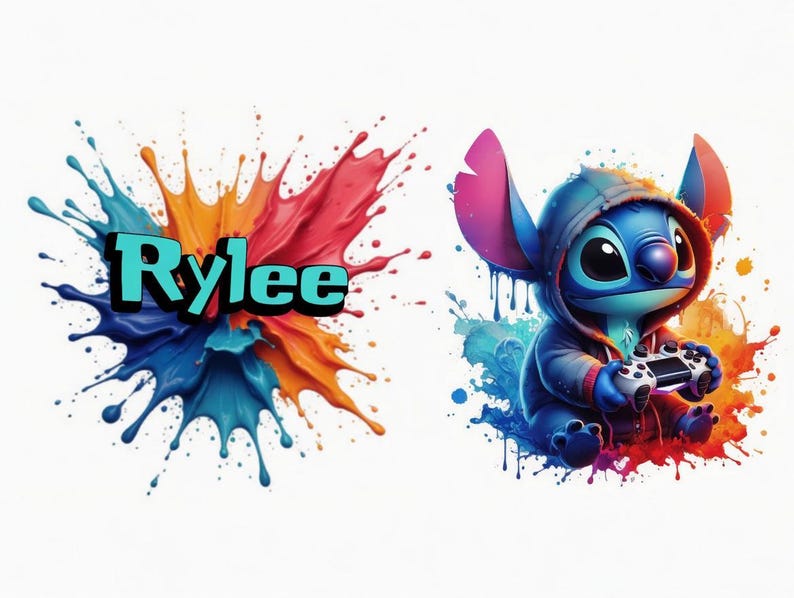 May include: A digital illustration featuring the name "Rylee" in turquoise letters with a black outline, set against a colourful paint splash. To the right, a blue cartoon character in a hoodie holds a game controller.