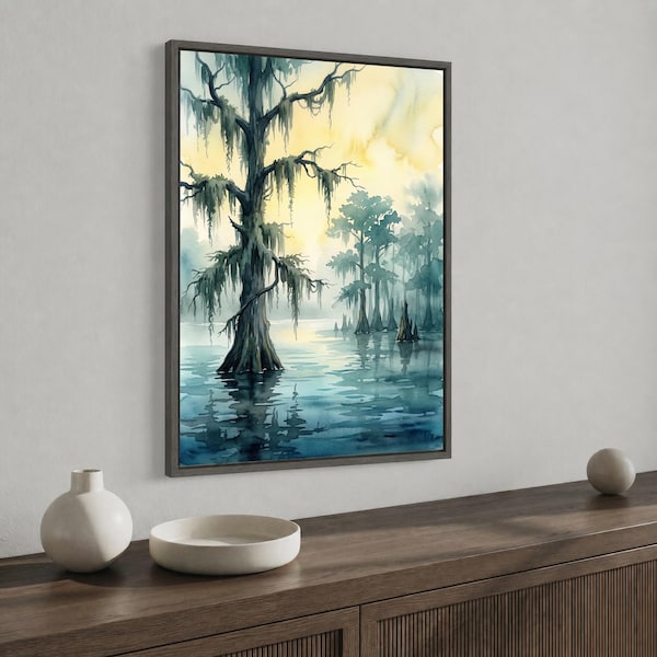 Swamp Scene Art Canvas Wall Art, Watercolor Cypress & Spanish Moss, Calm Lakehouse Decor, Ready to Hang