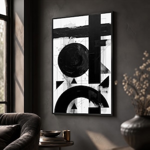 Angular Wall Art, Black and White Geometric Abstract Canvas, Bold Minimalist Shapes for Modern Loft Decor