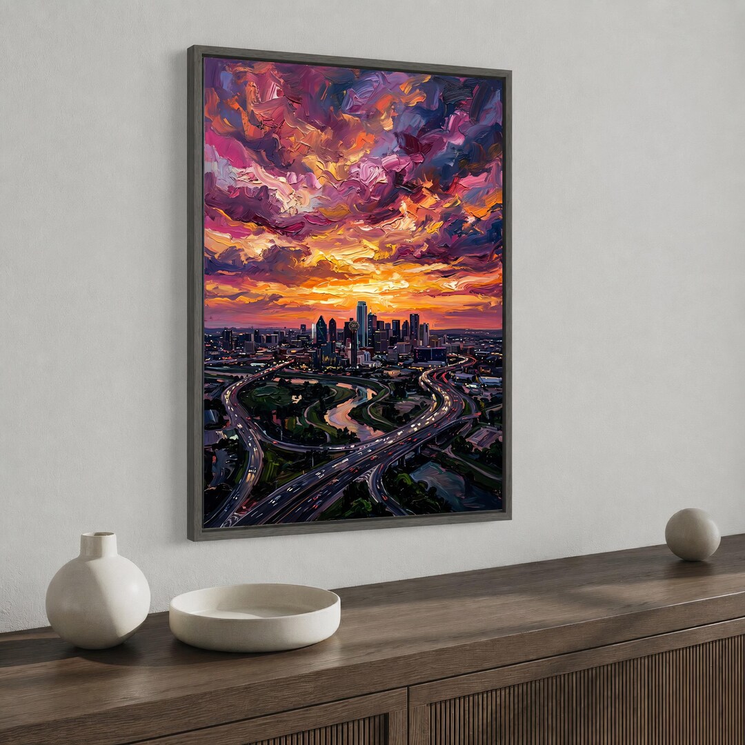 Dallas Skyline Canvas Wall Art, Sunset Cityscape Oil Paint Style, Texas ...