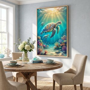 May include: A rectangular wall art print featuring a vibrant underwater scene with a large sea turtle swimming above two smaller turtles, surrounded by colorful coral reefs, anemones, and sandy ocean floor under bright sunlight rays.