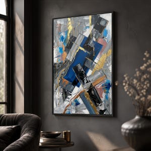 Angular Canvas Art, Navy Blue Geometric Abstract Wall Art with Black Gray and Gold, Modern Giclée Cotton Canvas Decor
