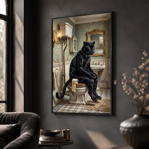 Dapper Black Panther in Vintage Bathroom Canvas Wall Art, Funny Animal Decor, Teal and Gold Restroom Art