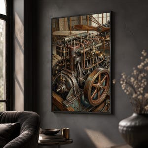 May include: A framed wall art print depicting a vintage internal combustion engine with exposed copper piping, metallic gears, and a large flywheel. In the background, a wooden airplane propeller is visible within a workshop setting.