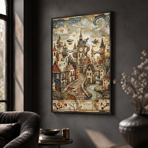 May include: A vertical framed wall art print depicting a whimsical town with multi-colored houses, a central clock tower, and a winding cobblestone path. The sky features golden crescent moons and stars, while the bottom border includes vintage keys.