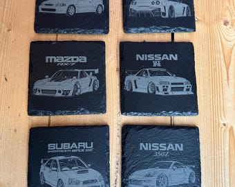 JDM Car Coaster Set | Laser Engraved Slate, Motorsport Decor (Set of 6)