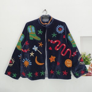 Handcrafted Velvet Suzani Jacket, Colorful Thread-Work, Red Snake, Cowboy Boots, Stars, Celestial Shapes, Women Festival Outfit