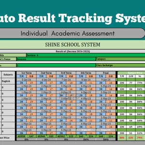 May include: An Auto Result Tracking System template for Shine School System, featuring an Individual Academic Assessment table for 8th grade. The grid displays columns for subjects, four terms, final results, total marks, obtained marks, percentages, and grades.