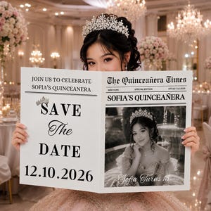 Mall för Quinceañera-tidning med spara datumet | Redigerbar Canvas-layout (digital nedladdning)