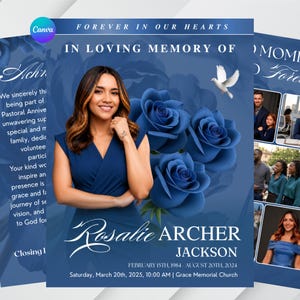 Puede incluir: Un folleto conmemorativo con el retrato de una persona con vestido azul marino, tres rosas azules grandes y una paloma blanca. El texto dice In Loving Memory Of Rosalie Archer Jackson, 15 de febrero de 1984 - 20 de agosto de 2024, Forever In Our Hearts.