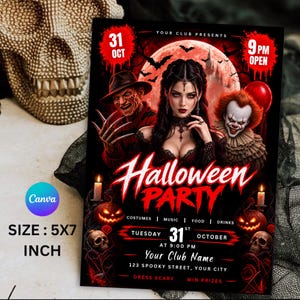 May include: A rectangular Halloween party flyer featuring a central female figure, a clawed character, and a clown. The text reads Halloween Party, 31 Oct, 9 PM Open, Tuesday 31st October, Your Club Name, 123 Spooky Street, Your City. Size 5x7 inches.