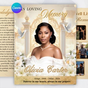 May include: A funeral program template featuring a portrait of a person in a white dress with a pearl necklace. The design includes gold text reading In Loving Memory and Olivia Carter, white lilies, two white doves, and a golden gate background.