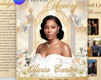 White and Gold roses Funeral Program Template,8 Pages Memorial Program, Obituary Book,  Celebration of Life,In Loving Memory Editable Design