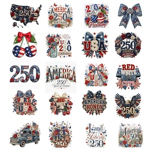 May include: A collection of twenty digital illustrations featuring patriotic themes with red, white, and blue color palettes. Designs include the number 250, American flags, eagles, bows, flowers, cherries, and trucks with text such as America 250, USA, and Red White and Cute.